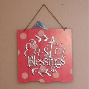 All🐥3/$25🐰"Easter Blessings" Pink Wooden and Metal Decal Easter Wall Ar